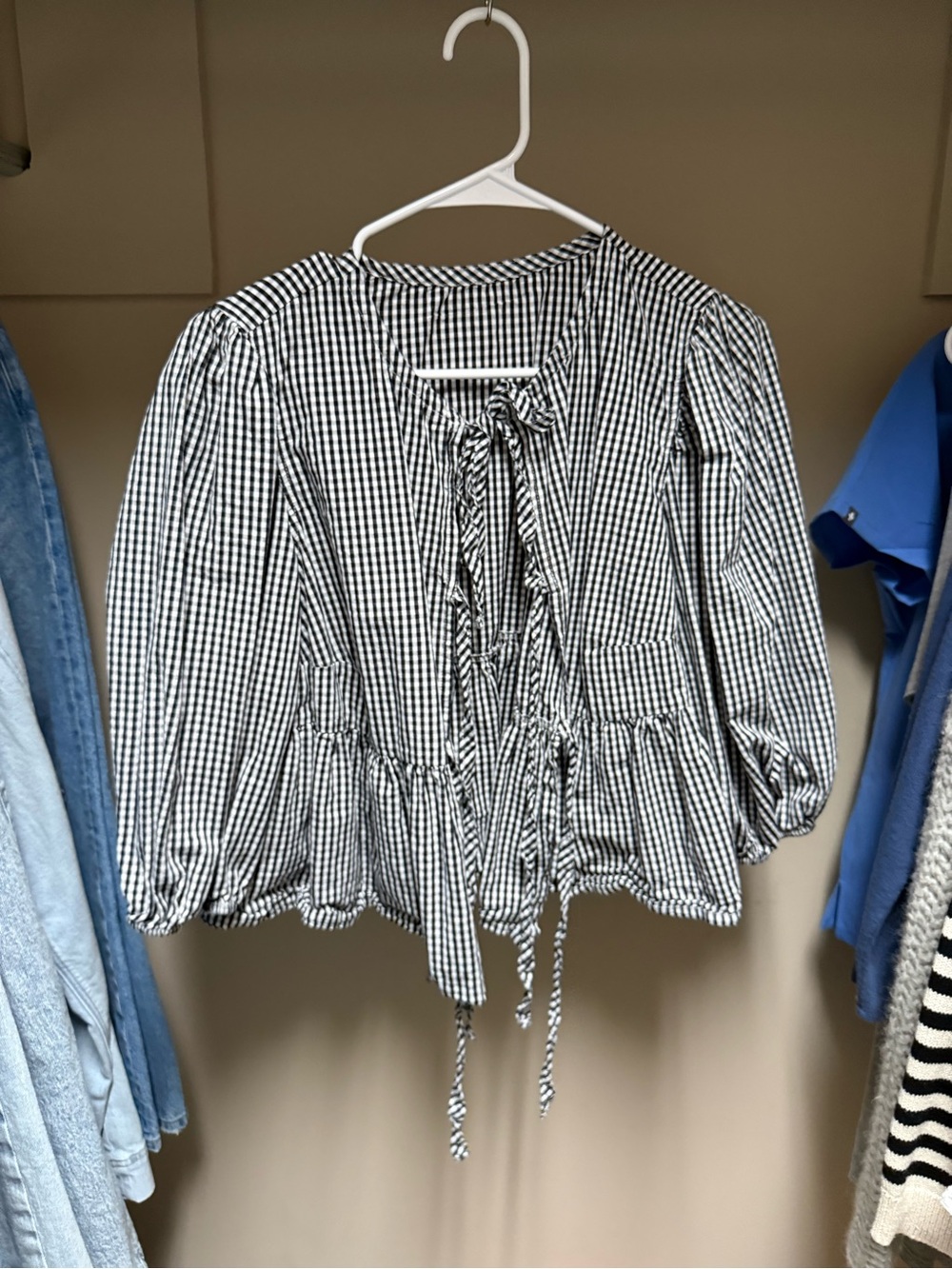 Amazon Essentials Black & White Gingham Tie-Front Peplum Blouse